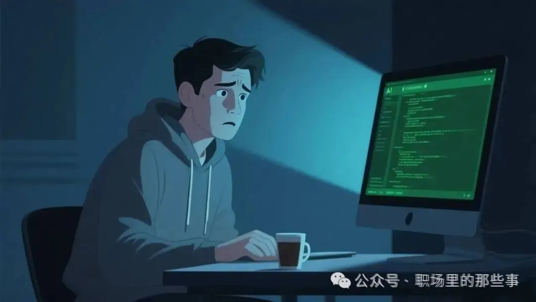 深夜加班的程序员看着电脑屏幕上AI代码生成界面