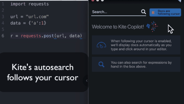 Kite Intelligent Snippets Python代码自动补全效率提升_代码补全_Kite集成搜索功能800库解释代码demo