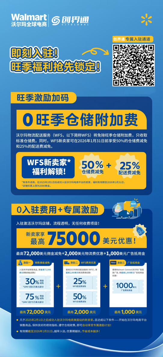 沃尔玛全球电商！跨境新商机！平台0年费！0月租！创界通专属入驻通道，新卖家最高可享75000美金优惠！